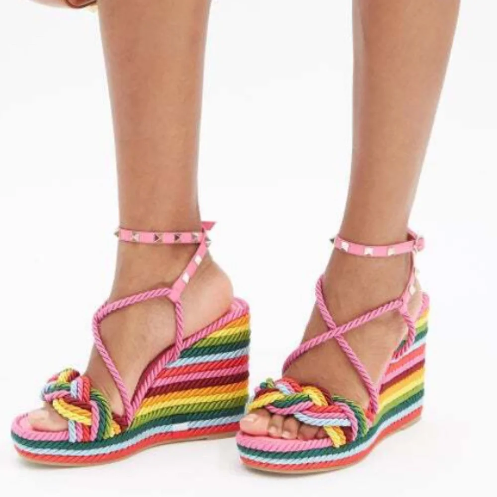 NIB $890 VALENTINO Rockstud Torchon Rainbow Platform Wedge Sandal - size 11 / 41